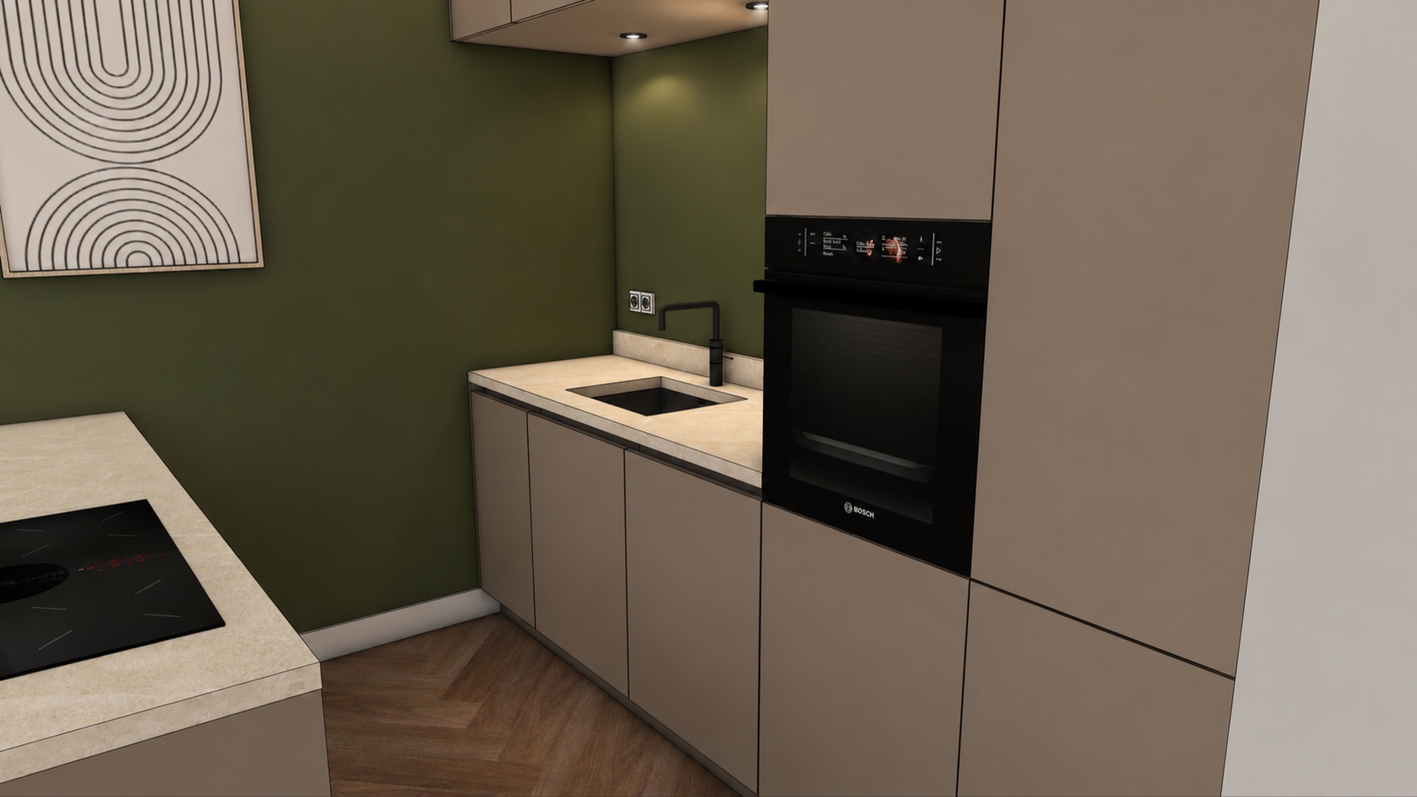 Eigen 3D-visualisatie met groene keukenwand en maatwerkdetails